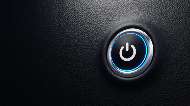 istock Push power button. Start, off and on concept. Modern car button with power sign and blue light. 3d illustration 1857393297