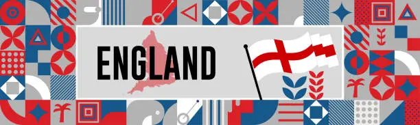 Vector illustration of England national day banner with map, flag colors theme background and geometric abstract retro modern Red and blue color design. abstract modern design.