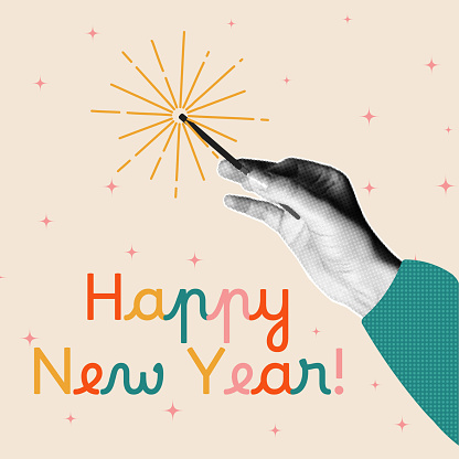 Banner in halftone style, collage of vector elements, hand holding a sparkler, multi-colored inscription Happy New Year.