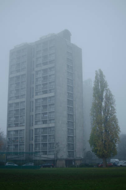istock Large tower block with tree in fog 1857439447