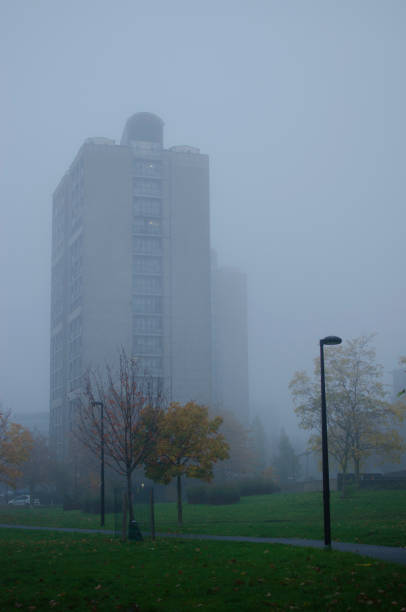 istock Foggy tower black lamppost and tree 1857439954
