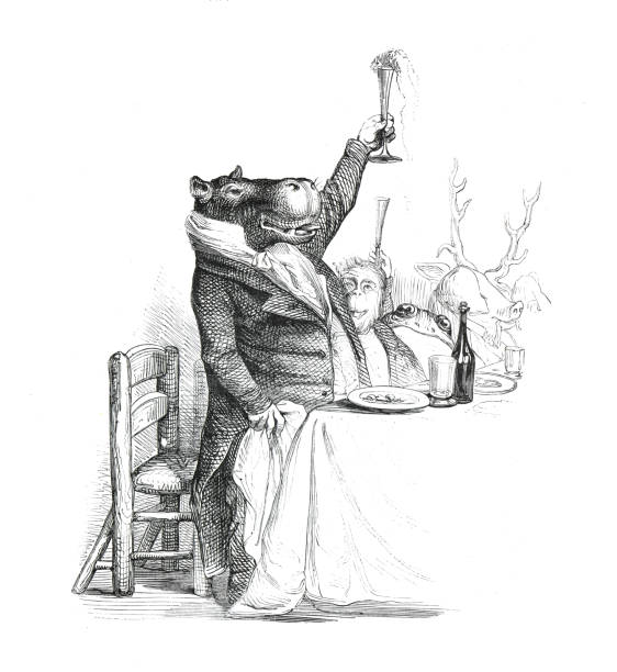 Anthropomorphic hippopotamus. humanized hippo. Hippopotamus brings a toast. biodiversity. CRISPR. cas9. Vintage humanized cyborg animals. hand drawn engraved vintage humanized illustration. Anthropomorphic animals. Cyborg hippo. No AI