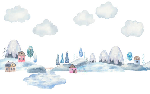 冬の風景、山、湖、木、家、白い背景に水彩画の子供のイラスト、子供部屋の装飾、印刷 - winter focus on foreground backgrounds white点のイラスト素材／クリップアート素材／マンガ素材／アイコン素材