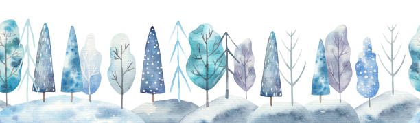 シームレスパターン冬の風景、木、白い背景に子供の水彩イラスト、保育園の部屋の装飾、印刷 - winter focus on foreground backgrounds white点のイラスト素材／クリップアート素材／マンガ素材／アイコン素材