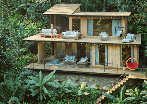 Remote house in deep jungle. 3D generated image.