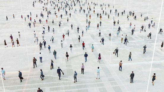 Large group of people walking in the street. 3D generated image.