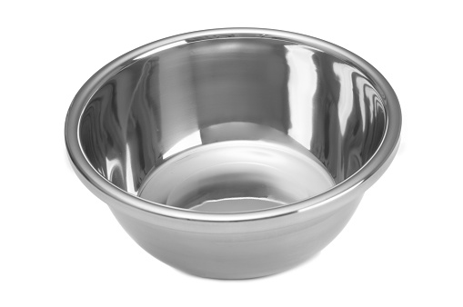 Empty aluminium salad bowl isolated on white background