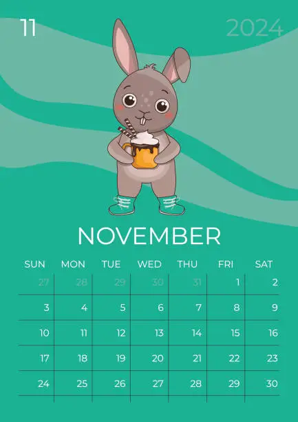 Vector illustration of Vertical children calendar 2024. Month of November. Hare in warm boots holds a mug with a hot tasty drink and drinks. A5 format. Vector graphic.