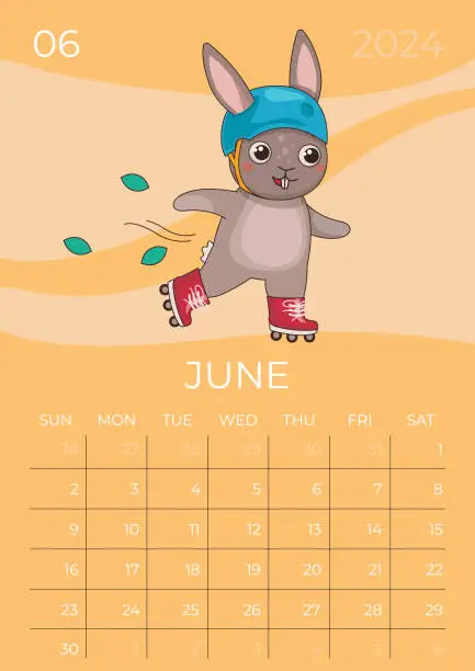 Vector illustration of Vertical children calendar 2024. Month of June. Hare in a helmet roller skates. A5 format. Vector graphic.