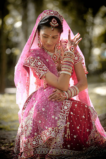 Young indian bride wearing traditional gown sitting in garden stock photo