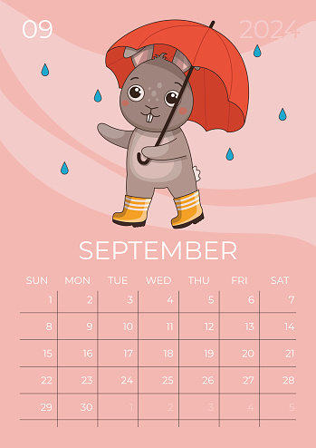 Vertical children calendar 2024. Month of September. Hare in rubber boots walks in the rain with an umbrella. A5 format. Vector graphic.