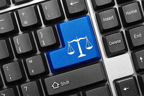 conceitual símbolo de teclado de direito fundamental (azul) - computer computer key computer keyboard laptop - fotografias e filmes do acervo