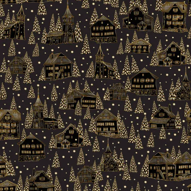 Vector illustration of Christmas and New Year seamless pattern. Fairy tale Alpine houses, stars, snowflakes, fir tree and spruce, golden doodle on a black background