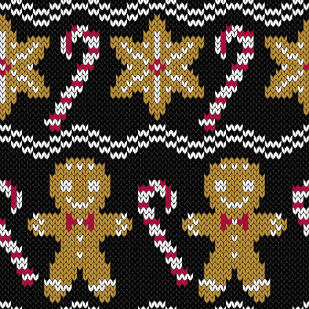 Vector illustration of Gingerbread man and caramel candy cane knitted seamless pattern.