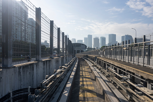 Photos of the tracks of skyscrapers and urban high-speed trains