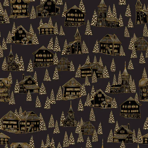 Vector illustration of Christmas and New Year seamless pattern. Fairy tale Alpine houses, fir tree and spruce. Golden doodle on a black background