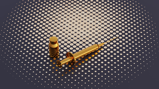 The golden age of vaccines: via and syringe, in gold, in luxurious environment. CGI
