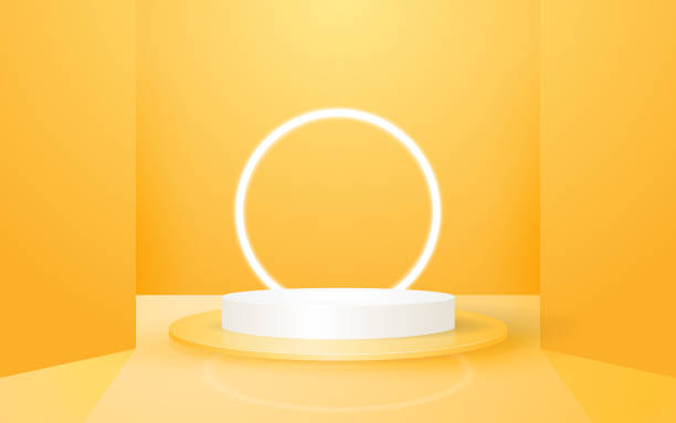 istock 3d scene pastel yellow and white round podium background with circle neon lights perfect for event promotion cosmetic product presentation mockup 1857542499