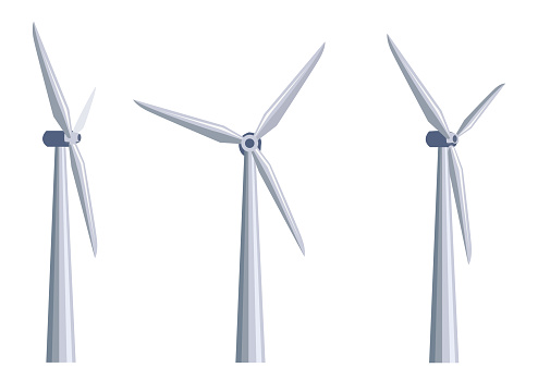 Vector set of wind generators from different angles in a flat style on a white background. Green energy. Protection of ecology and environment.