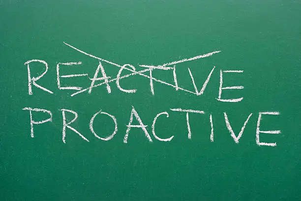 Proactive and reactive handwritten on the green chalkboard.