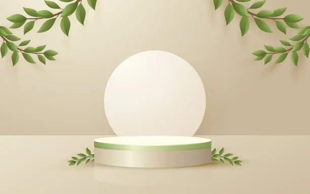 Vector illustration of Round podium product scene and leaves with soft cream background for cosmetic product presentation mockup show