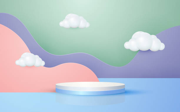 istock Round podium product scene and pastel colorful geometric platform background for cosmetic product presentation mockup show 1857551654