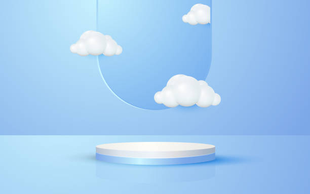 istock Round podium product scene and window sky cloud with pastel blue background for cosmetic product presentation mockup show 1857553262