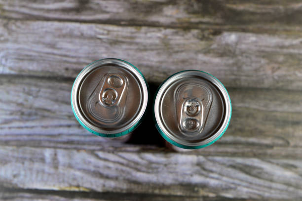 Red Aluminium Metal Beverage Cans in a Row. 3D Render