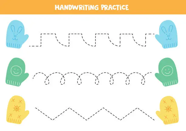 Vector illustration of Tracing lines for kids. Cute colorful winter mittens. Handwriting practice.