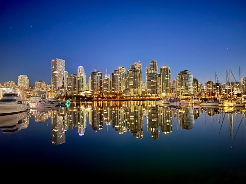 An image showcasing the serene and picturesque Vancouver Marina, with its array of docked boats and yachts set against a backdrop of the city's distinctive skyline, reflecting the perfect blend of urban sophistication and nautical charm.