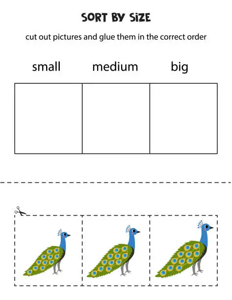 Vector illustration of Sort cute peacock by size. Educational worksheet for kids.