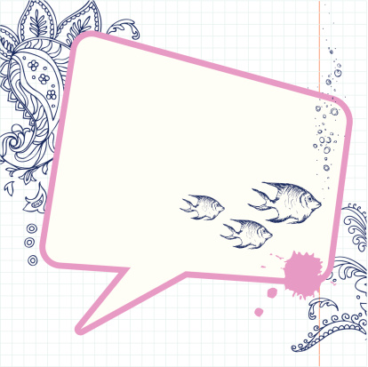 Vector Illustration of Hand-Drawn Sketchy Paisley doodles with fishes on graph paper background with speech bubble for copy space. Every element is grouped and you can use them together or not.