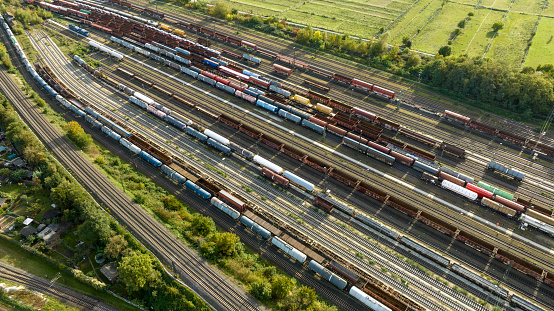 Railyard, shunting yard and freight trains - aerial view