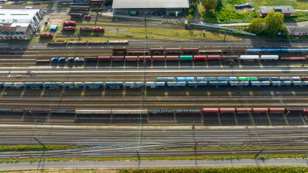 istock Railyard, shunting yard and freight trains - aerial view 1857675950
