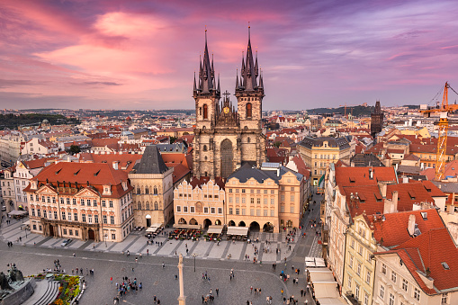 Aerial view of the medieval cobblestone street of Old Town Square and the Tyn Church in Prague Czech Republic