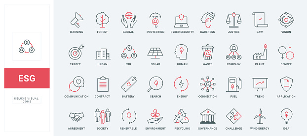 ESG thin black and red line icons set vector illustration. Outline symbols of sustainable and renewable sources, social, government and corporate trends and criteria for development, investment