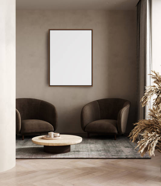 istock Big poster picture blank frame in modern home interior, reading nook, beige tones, modern design armchair and furniture, 3d render 1857705227