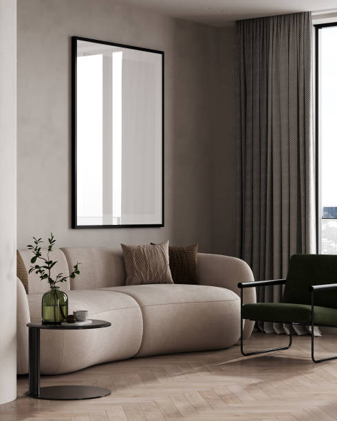 istock Poster frame mock-up in home interior background with modern sofa, table and decor in living room, 3d render 1857705245