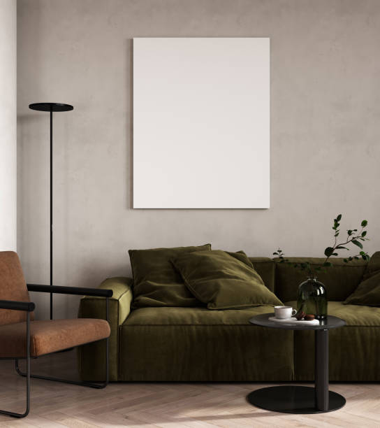 istock blank picture frame mock up in modern light living room interior with green sofa, 3d visualization 1857705247