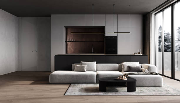 istock Modern kitchen and dining room interior with furniture and kitchenware, grey and black kitchen interior background, luxury kitchen, 3d rendering 1857705248