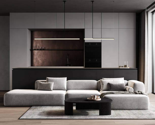 istock 3d render of a modern contemporary minimalist kitchen with black and white cabinets, copper backsplash and light gray sofa. 1857705308