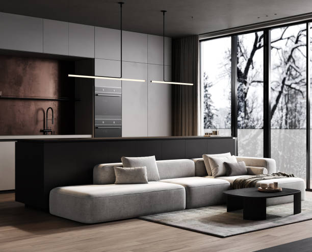 istock Dining room, living and kitchen in a new open plan home, 3d rendering 1857705366