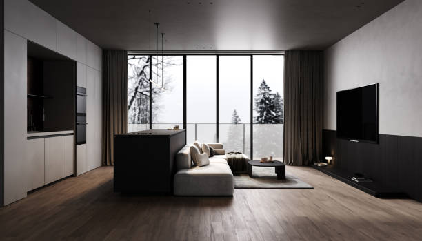 istock Front view of modern kitchen and dining room interior with furniture and kitchenware, grey and black kitchen interior background, luxury kitchen, 3d rendering 1857705766