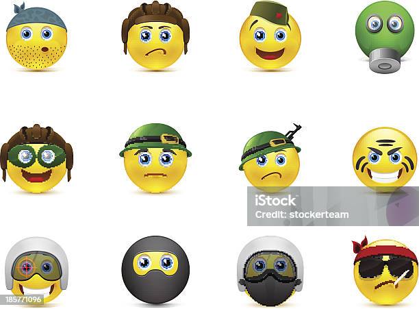 Vetores de Conjunto De Imagens Vetoriais Smileys Com Elementos Militar e mais imagens de Emoticon
