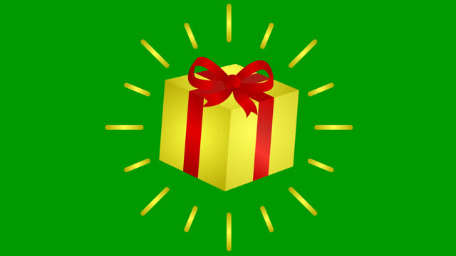 Animated icon of golden gift box with rays around. Symbol of present with red bow. Flat vector illustration isolated on green background.