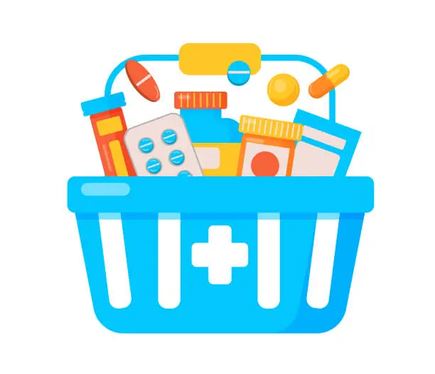 Vector illustration of Shopping basket with pills and medicine bottles