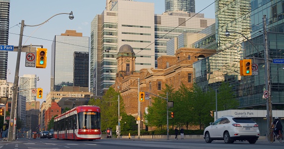 Toronto, Canada - May 6, 2023: Tram streamlines journey, shift travel dynamics. Showcases tram journey enhancer, offering swift, convenient journey. highlights tram's role modern travel experience.