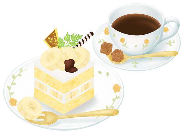 illustrations, cliparts, dessins animés et icônes de gâteau à la banane et service à café - illustration and painting cake chocolate chocolate candy