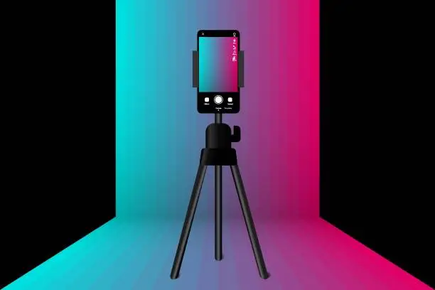 Vector illustration of Phone on tripod. People broadcasting, stream on smartphone. Live streaming. Video blog recording. Create video & make money. Illustration of making videos for social media