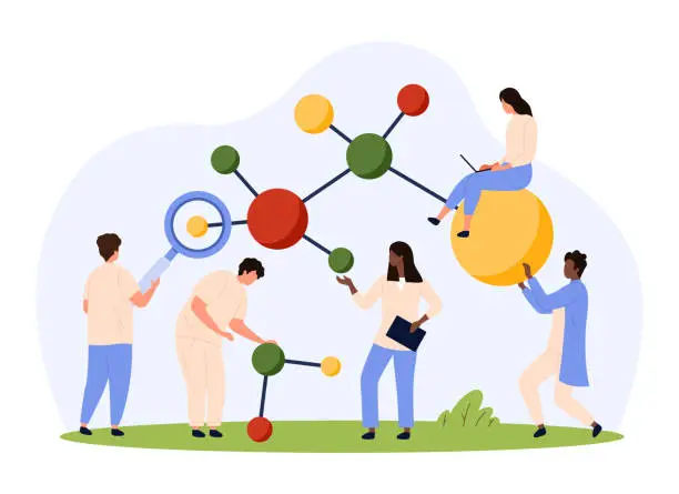 Vector illustration of Molecular structure and genetic research, tiny people work on analysis of molecule model
